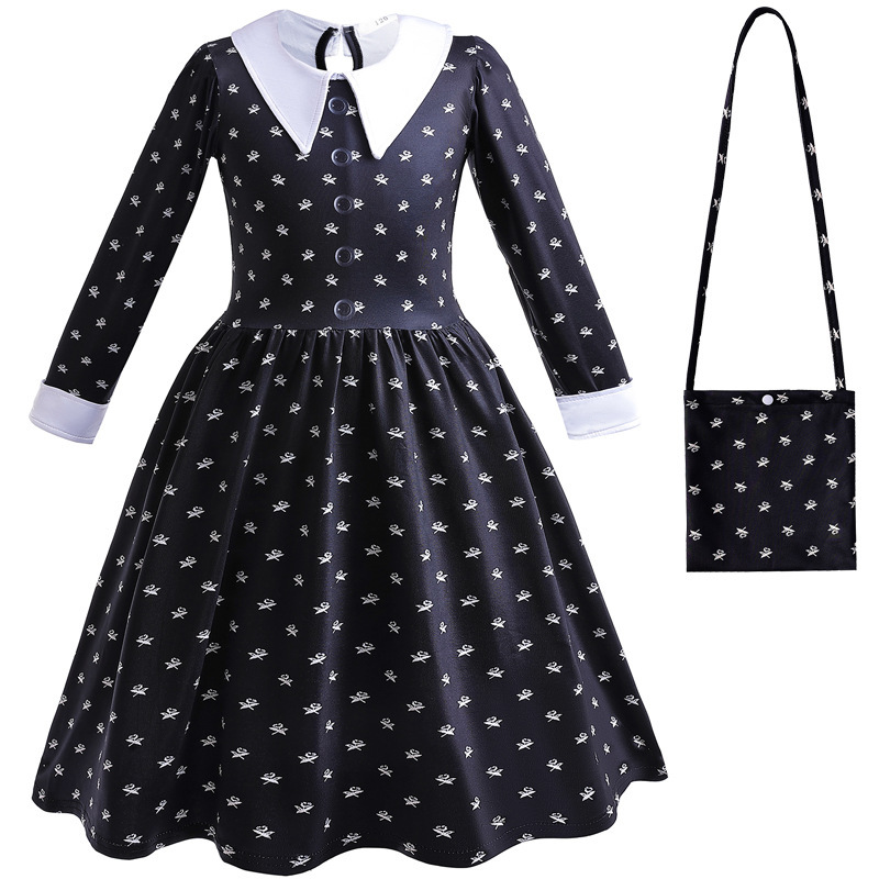 Adams Family Costume cos Halloween Children's dress Wednesday cosplay Clothes Black Girls Skirt