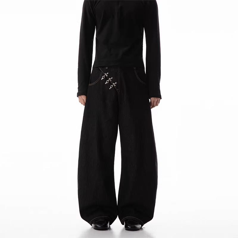 American Retro Metal Airplane Buckle Black Wide-Leg Scimitar Jeans Unisex Design Loose Pants