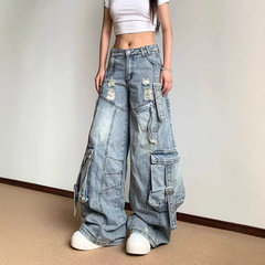 美式高街重工水洗多口袋磨破解构微喇工装牛仔裤男女宽松阔腿弯刀