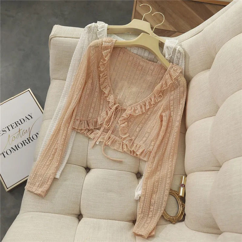Summer New Versatile Lace Shawl Jacket Short Long-Sleeved Sun Protection Shirt with Cardigan Thin Air-Conditioning Shirt