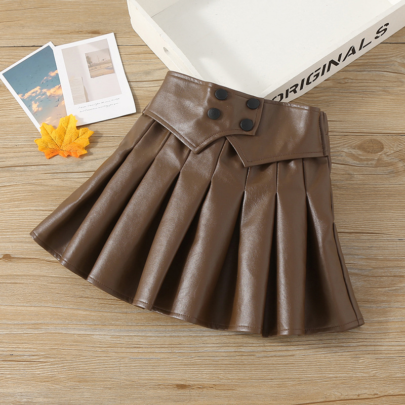 Jupe trapèze noire plissée en cuir PU solide pour enfants, mode coréenne, printemps et automne_voghion.com