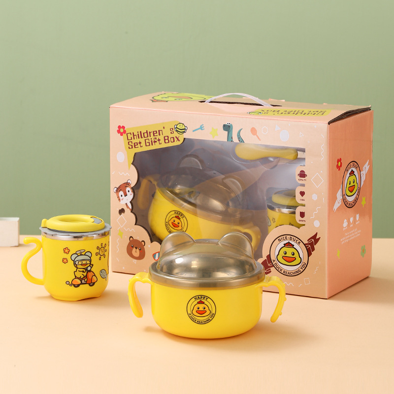 304 stainless steel children's cup household double-layer cartoon yellow duck straw cup with lid kindergarten cup June 1st gift