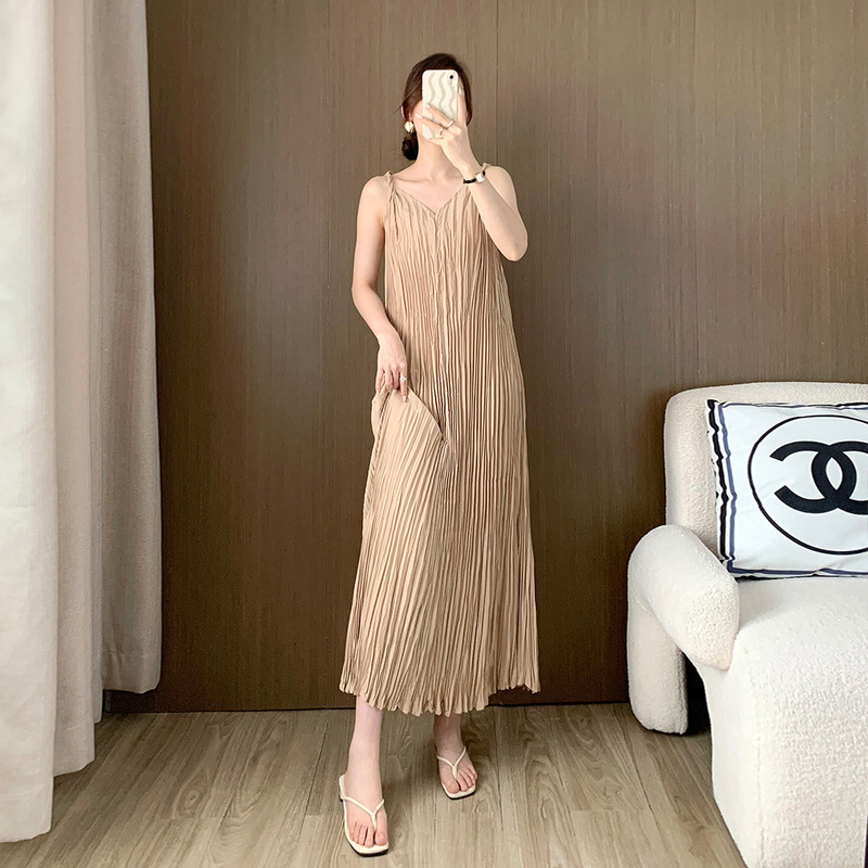 Summer Suspender Dress for Women, High-End, Asymmetrical Pleated Skirt, Elegant, New Versatile Long Skirt, Tea Break French Skirt