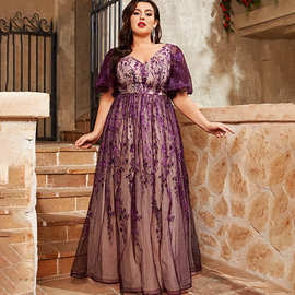 跨境大码伴娘服2025秋冬性感珠片网纱宴会主持人走秀年会礼服