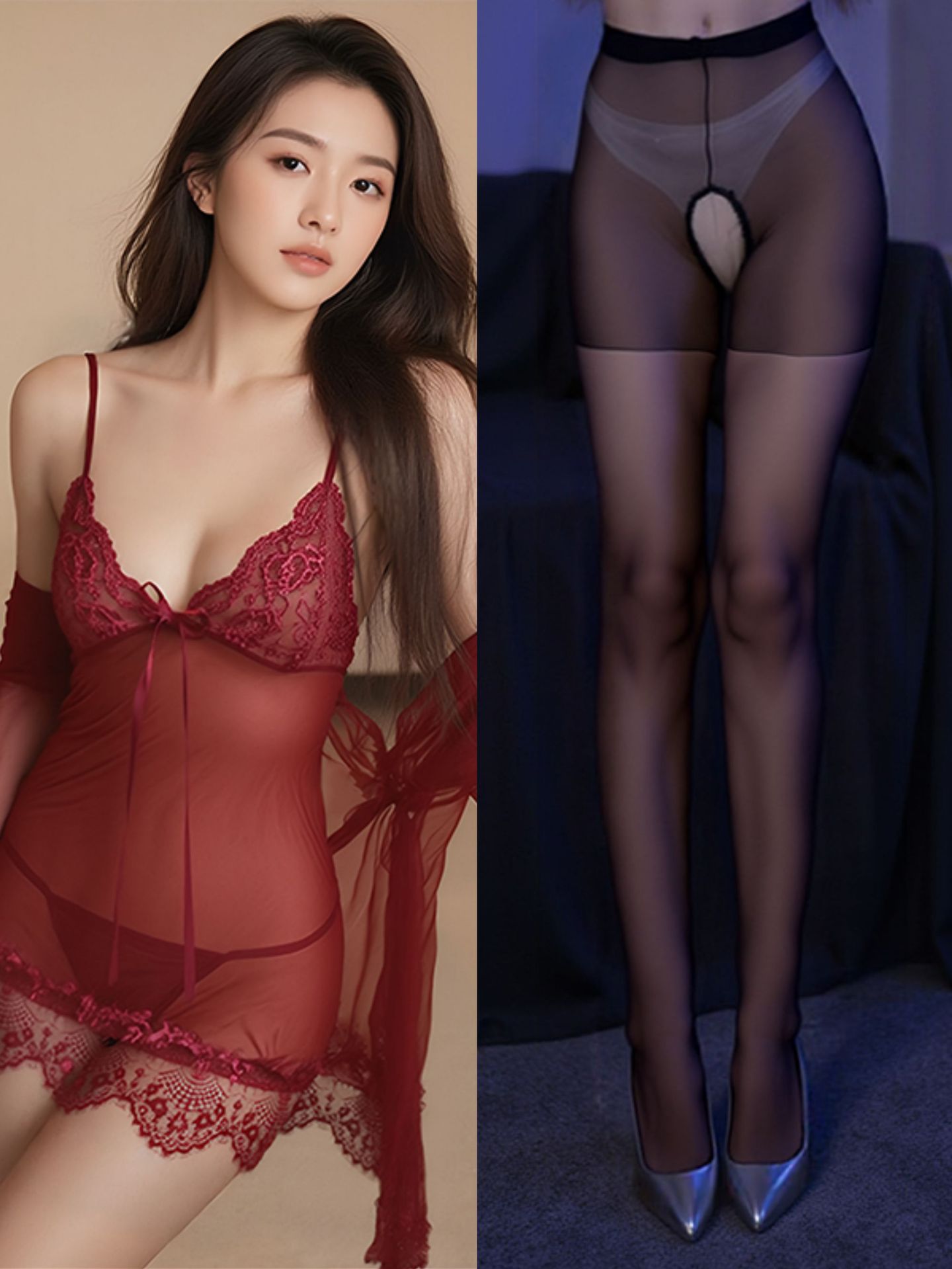 버건디 + 블랙 가랑이 없는 양말