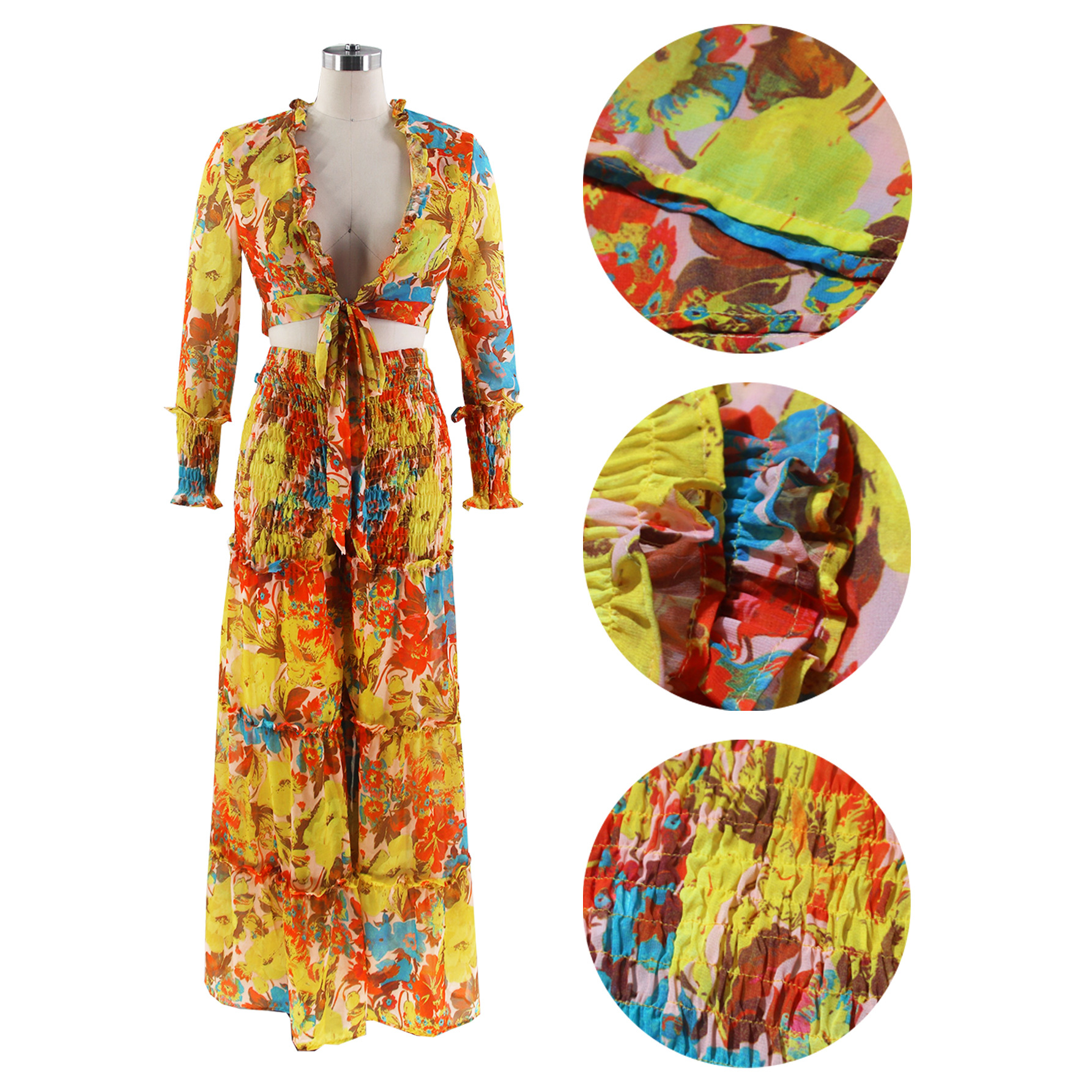 Women's Clothing fashion contrast color printed chiffon long sleeved lace up flared pants two piece suit _voghion.com