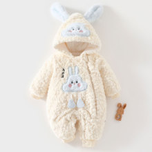 冬季婴儿连体棉袄夹棉加绒连帽宝宝棉服可爱卡通新生儿棉衣周岁礼