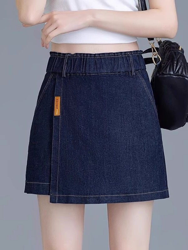 Asymmetrical Denim Shorts for Women Summer New Fashion Design Elastic Waist A-Line Pants Fake Two-Piece Culottes Thin Style