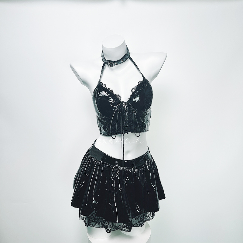 Hot Rabbit Sexy Underwear Patent Leather Hollow Strap Pu Leather Two-Dimensional Little Devil Pure Desire Sexy Hot Suit Dz