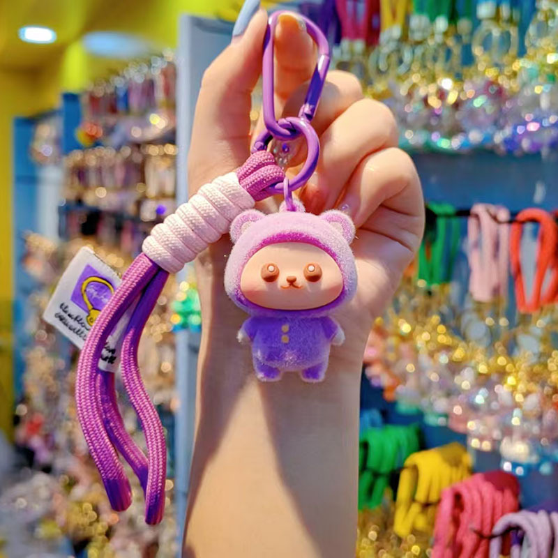 Caricatura flocado osos llavero pareja creativo llavero de automóvil lindos bolsos colgantes colgantes de teléfono móvil