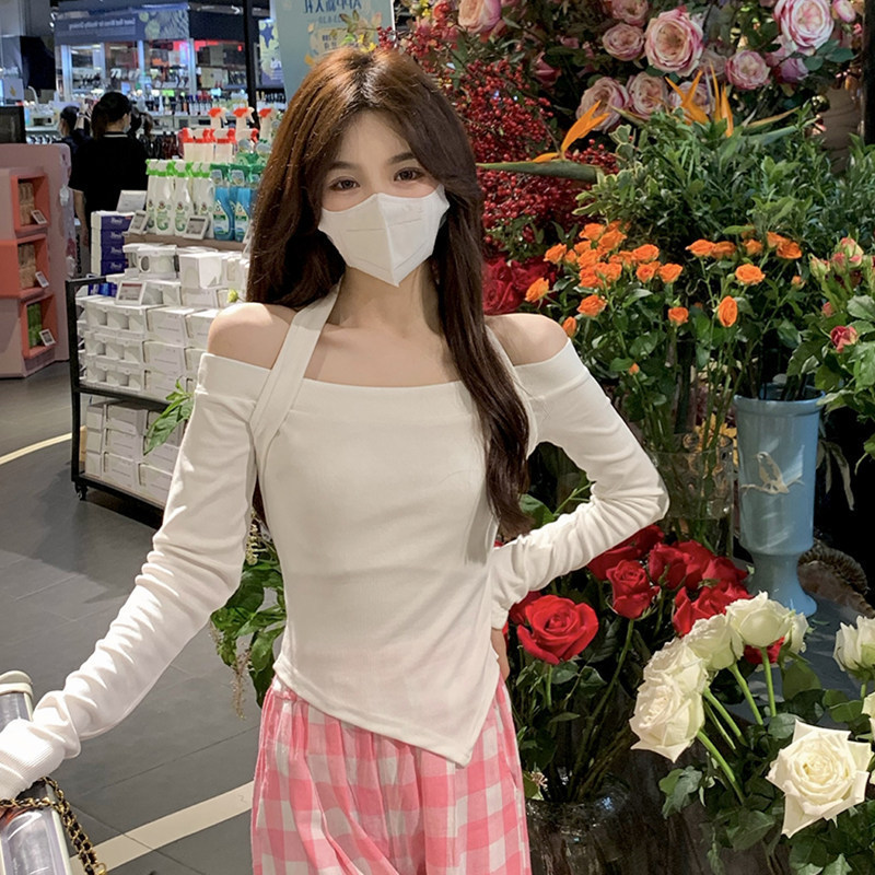 2025 밀크 실크 원 숄더 홀터넥 긴팔 티셔츠 여성 가을 새로운 핫 소녀 이너웨어 짧은 바닥 셔츠 탑