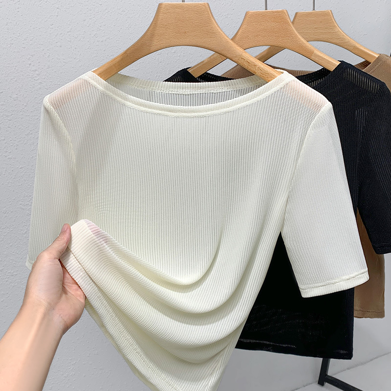 Camiseta de mediados de manga de las mujeres 2023 nuevas mujeres europeas elegante fuera del hombro de malla de color sólido de la cintura-apretado tramo superior image 9