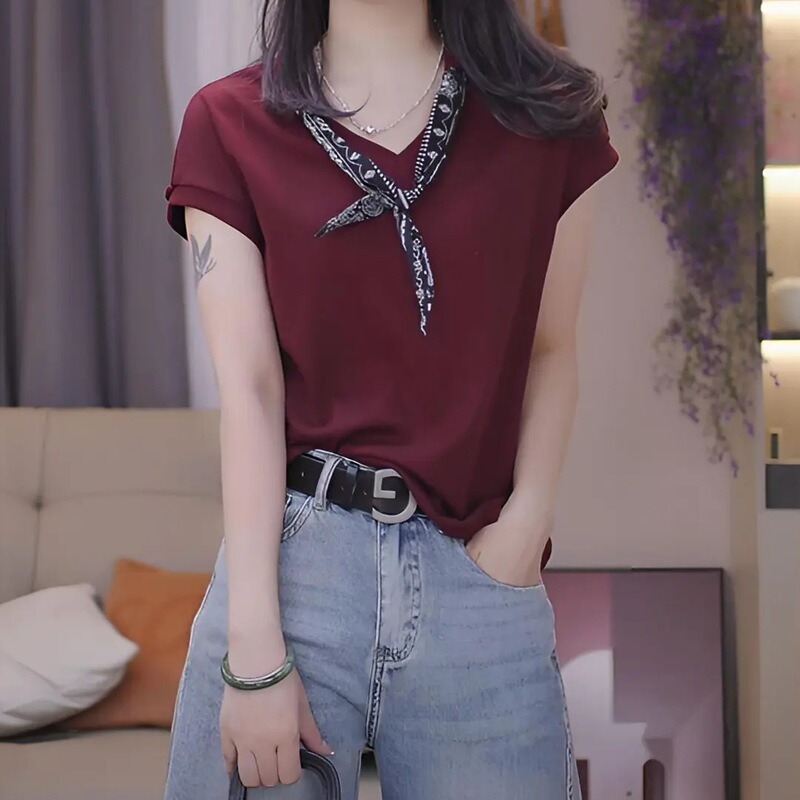 2025 Summer Anti-Wrinkle V Neck Short-Sleeved Regular Pure Color Flying Sleeve T-Shirt Summer Design Trendy Casual Versatile