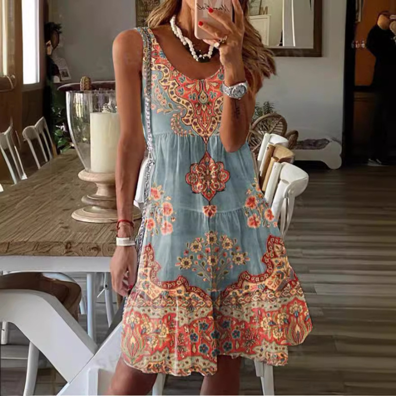 2024 Amazon New European and American Summer Printed Sleeveless V-neck Vacation Dress Fashion Vacation Printed dress Women