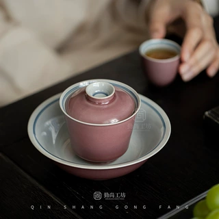 豇豆红手绘青花双线二才盖碗手工薄胎陶瓷功夫茶具泡茶碗手抓碗