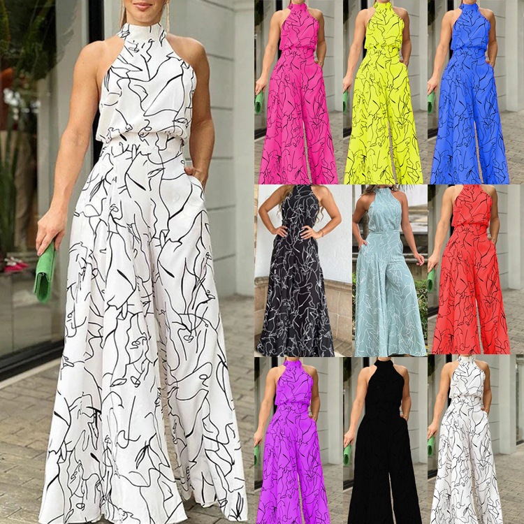 2022 verano europeo y americano ropa de mujer Amazon elegante cintura con cordones sin mangas Halter pantalones impreso mono