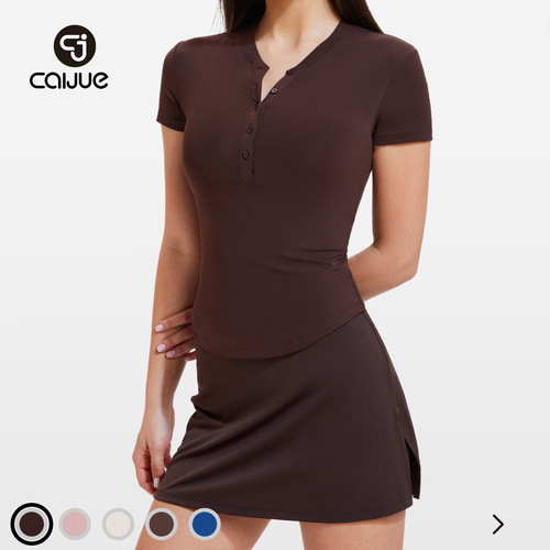 Pure Color Henry Shirt Short Sleeve Set Women Summer Breathable Slimming Women's Bare Sensation Quick Dry Skirt Sports Set Women