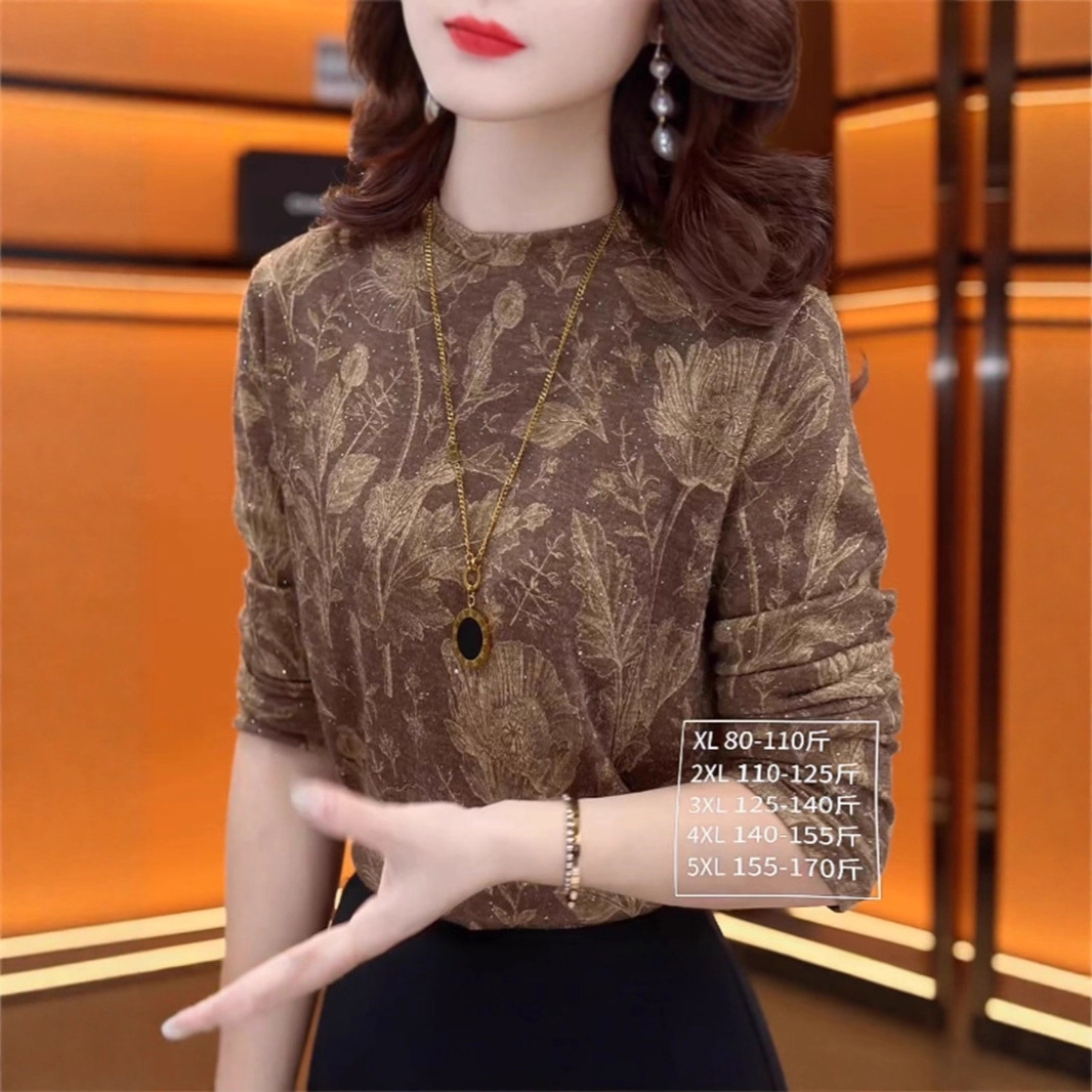 一件代发2025中年女装印花洋气秋季T恤减龄妈妈时尚宽松长袖打底