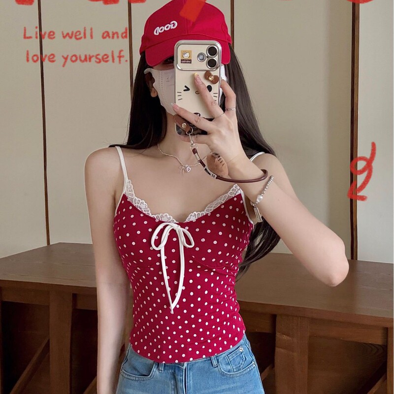 Red Polka Dot Camisole with Bow Lace Top, V-Neck Slim Fit, Sexy Outerwear or Inner Wear Tube Top for Women Red Polka Dot Camisole with Bow Lace Top, V-Neck Slim Fit, Sexy Outerwear or Inner Wear Tube Top for Women