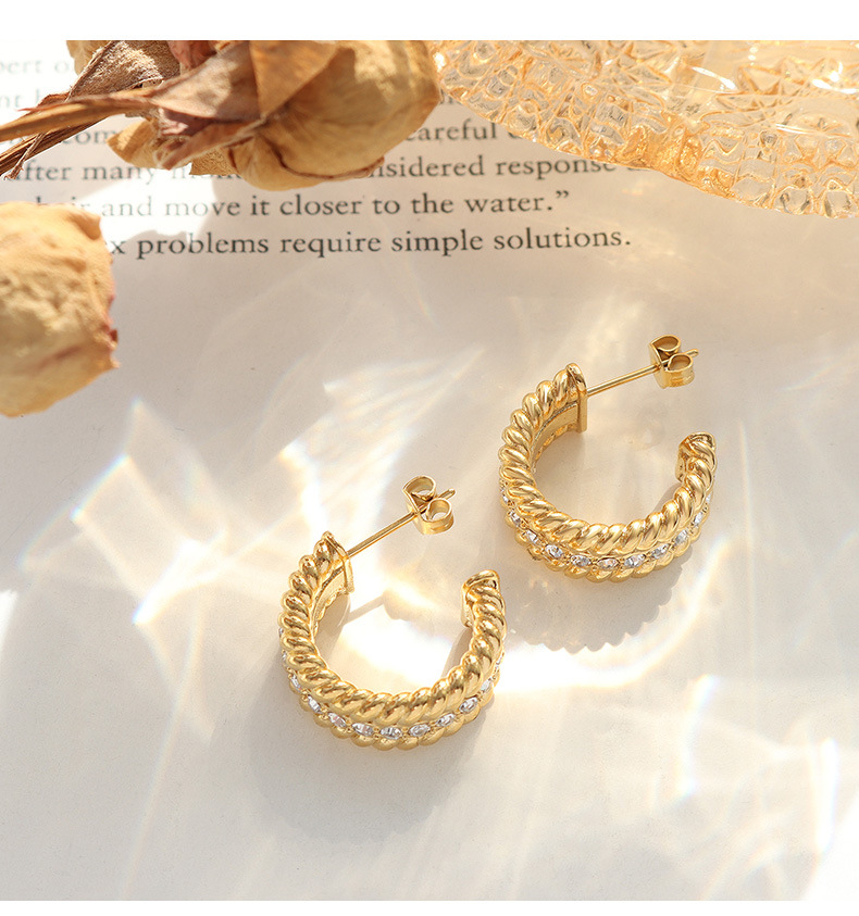 Retro C Shape Titanium Steel Inlay Zircon Ear Studs 1 Pair