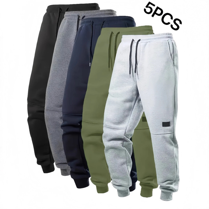 Cross-Border European Size Men's Fleece Solid Color Sports Casual Pants with Drawstring, Warm Long Pants Suitable for Sports and Leisure