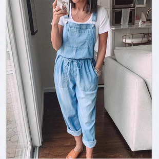 Amazon Aliexpress 2020 New Cross-Border Simple Casual Drawstring Denim Overalls Jumpsuit