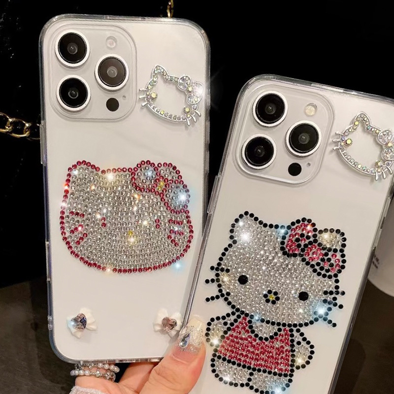 Suitable for Iphone17Pro Rhinestone Kt Cat Mobile Phone Case Apple 16 High-End 15Promax Transparent Luxury Women