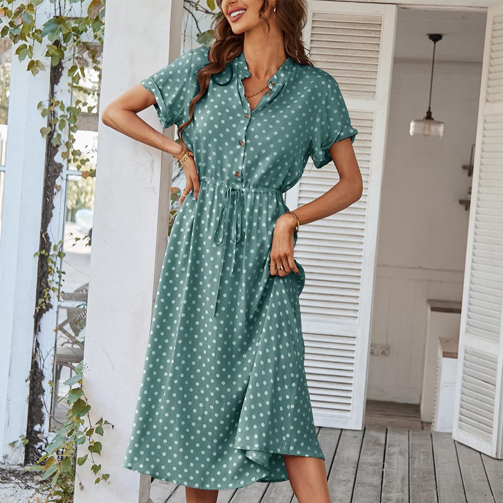 Vestido de lunares de estación europea desarrollado y diseñado independientemente 2022 Nuevo producto de verano Sen Falda de vuelo grande con cuello de camisa versátil para mujer