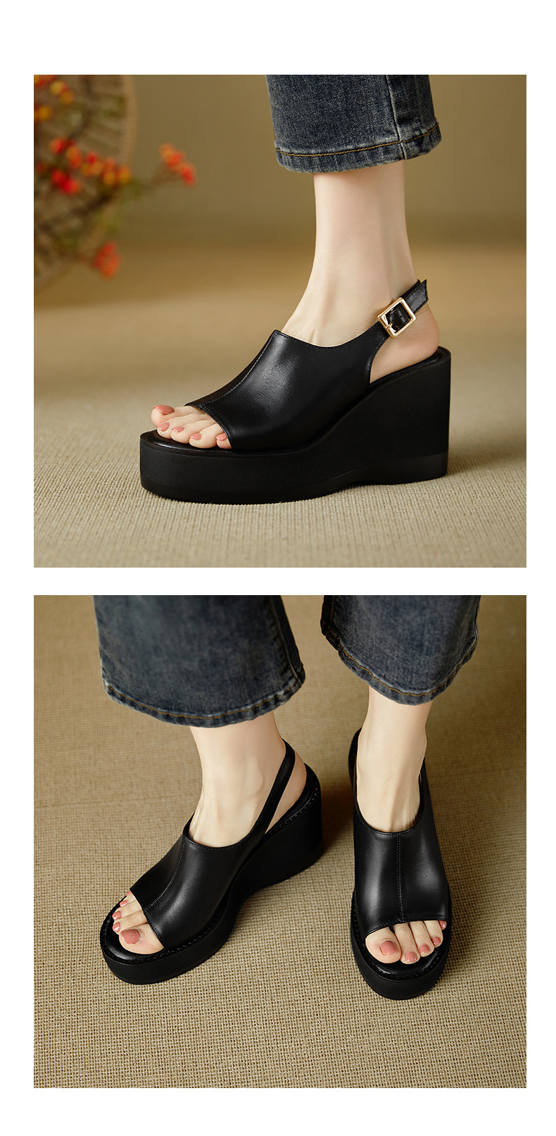 Sandal nữ đế xuồng cao gót mũi hở quai ngang da bò thật — màu đen, màu mơ chi tiết 8