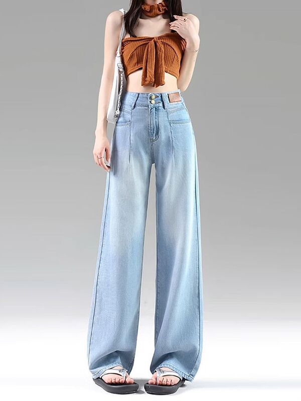 Dark White Light Blue Tencel Wide-Leg Jeans for Women 2026 New Summer Thin Style with Unique Design, Loose Fit, and Drapey Straight Cut