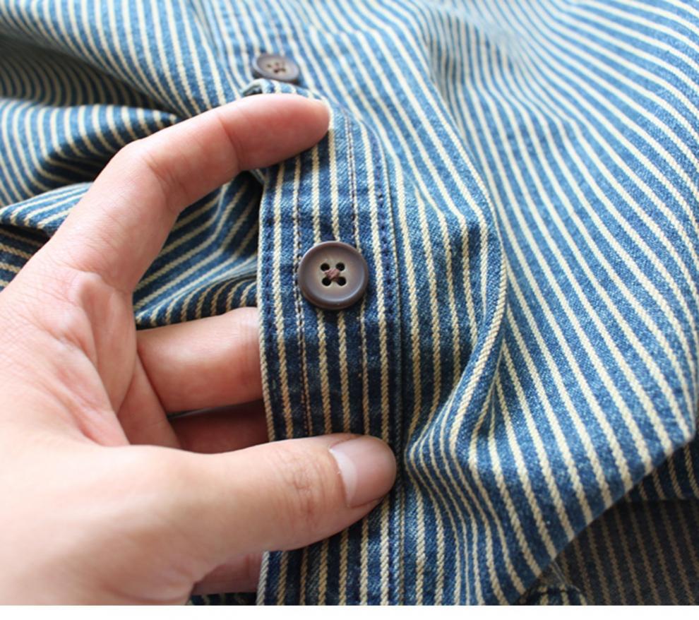 Vintage-Jeanshemd für Herren – Schweres, gestreiftes Langarm-Freizeithemd mit zwei Taschen, lockerer Passform, Polyester-Mischgewebe_voghion.com