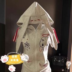 日本のウサギの耳フード付き半袖 T シャツ女性の夏の新しいスリムフィット綿ハウスかわいい多用途 y2k 半袖カーディガン