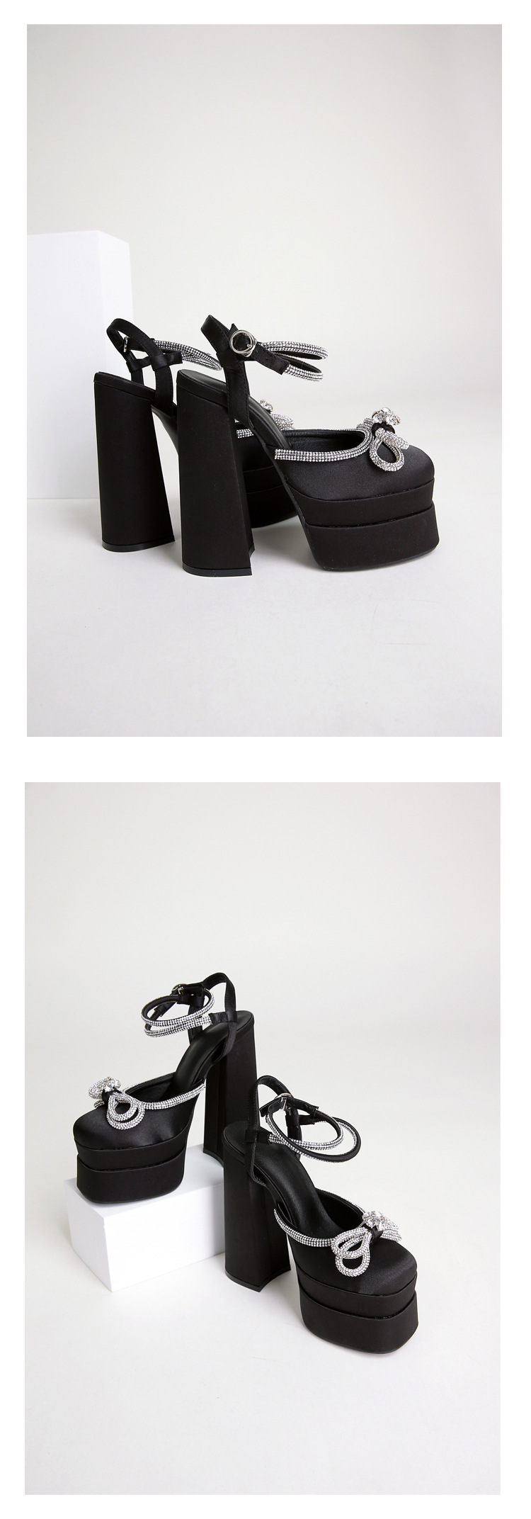 Giày sandal cao gót nữ đính đá dây đeo mắt cá chân, đế chống thấm nước, gót 9 cm — Màu đen chi tiết 18