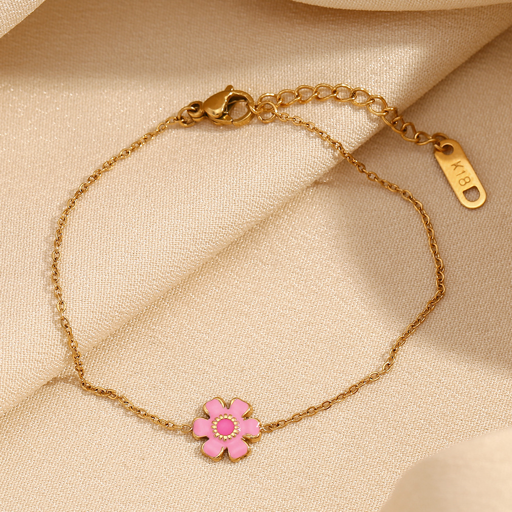 Pink Flower Dripping Oil Stainless Steel Bracelet