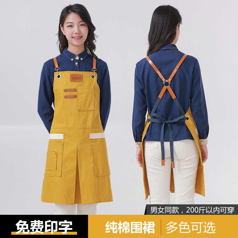 Delantal transfronterizo de algodón de sarga de Amazon, delantal de trabajo amarillo suave con abertura plegable y logotipo personalizado, venta al por mayor