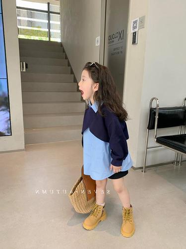 女童韩版时髦假两件衬衫2022秋装新款宝宝拼接翻领撞色休闲卫衣潮