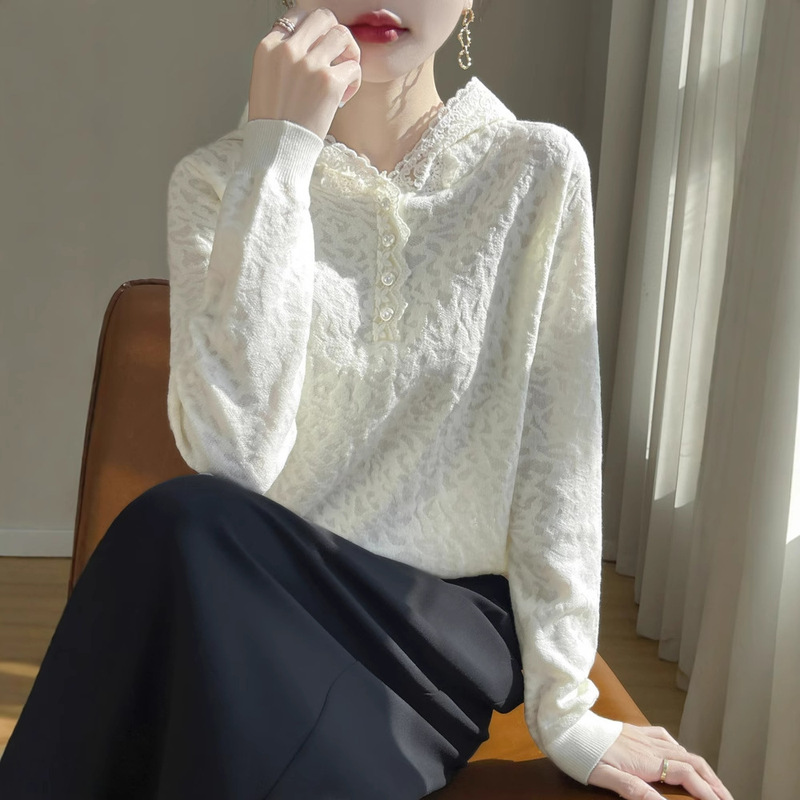 French Ambient Crochet Lace Hoodie Women's Spring Lazy Style Hooded Sweater Heavy-Duty Stitching Knitted Top