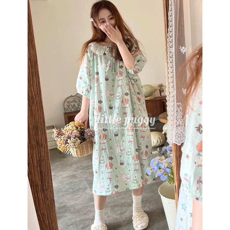 리틀 푸시 여름 민트 맘보 신선한 나이트 드레스 더블 레이어 원사 반팔 레이스 트림 홈 원피스