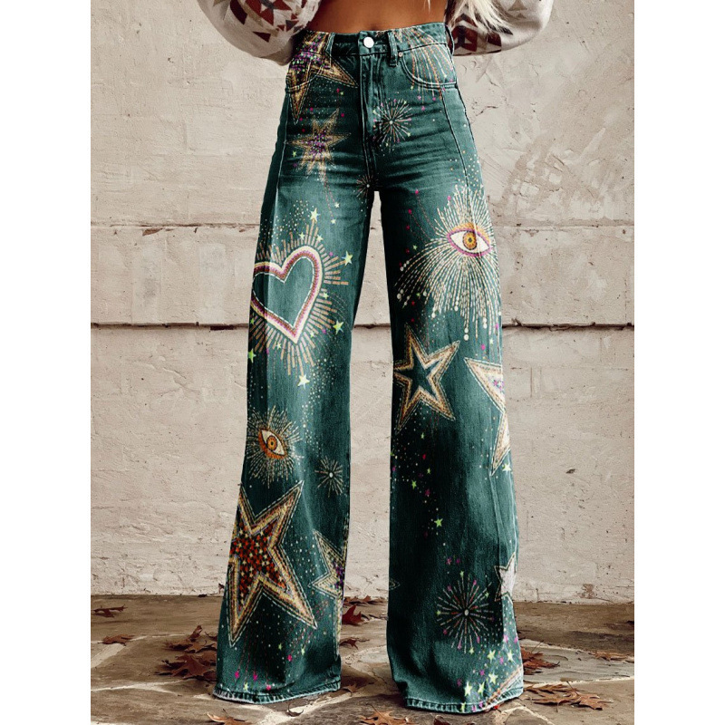 New cross-border 3D digital European and American foreign trade plus-size women's fashion casual pants, thin imitation denim wide-leg trousers