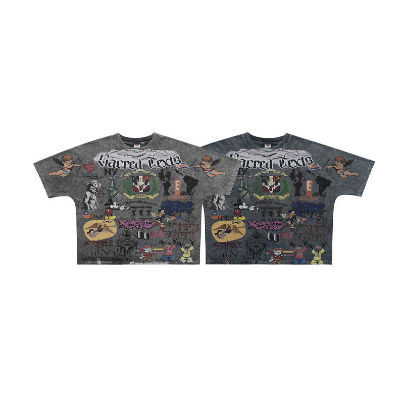Herrenbekleidung: Retro-T-Shirt mit Cartoon-Print, gewaschenem Used-Look, lockerer Passform und kurzen Ärmeln – lässiges Vintage-Top_voghion.com