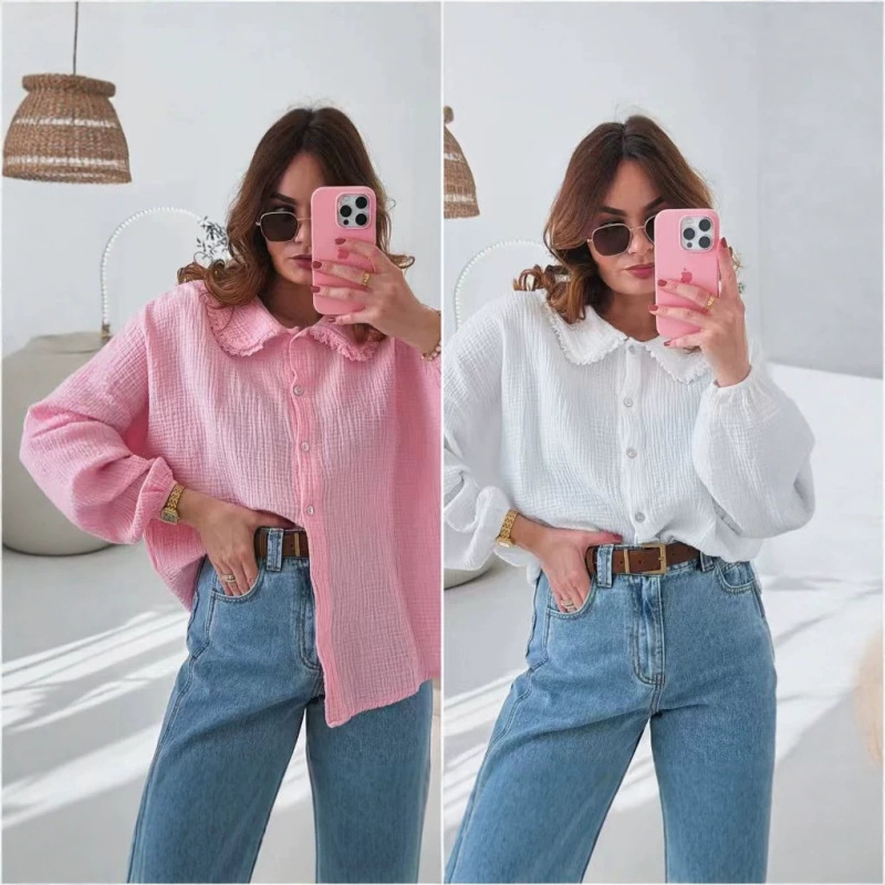 Cross-Border New Style Sweet Lace Doll Collar Shirt for Women, Puff Sleeve Loose Ruched Single-Breasted Top
