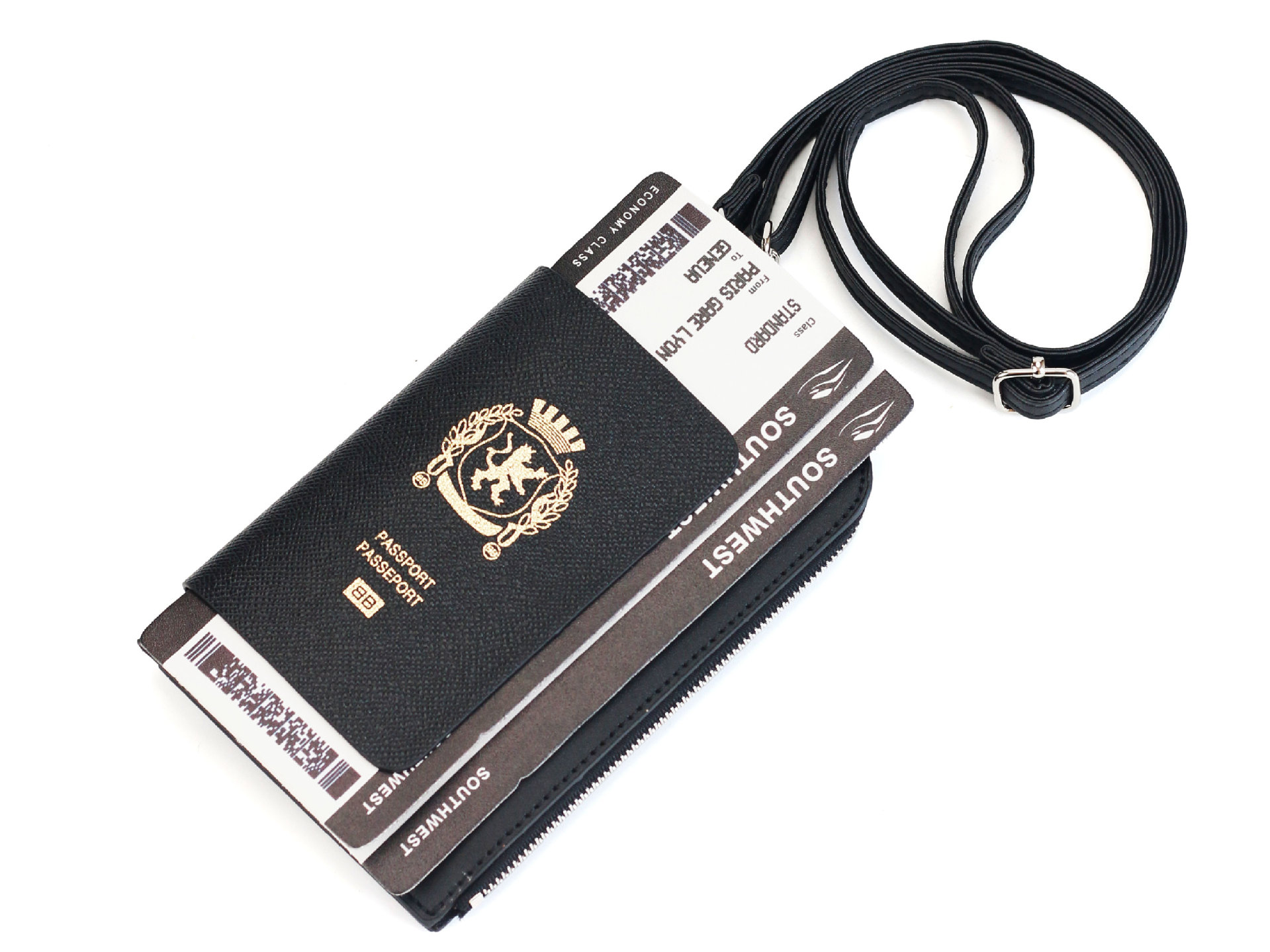 Schwarzes Reisepass-Etui elegante Kartentasche mit Hals-Umhänger