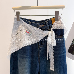 韓国風刺繍入り中空綿三角スカーフ、甘い小さな花のバットカーテン、女性用のレイヤードハーフレングスのレースアップターバンとスカーフ