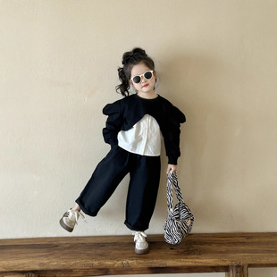 Girls' Korean Style Top 2025 Spring and Autumn New Children's Wear Children's Arc Top White Shirt Black Casual Pants
