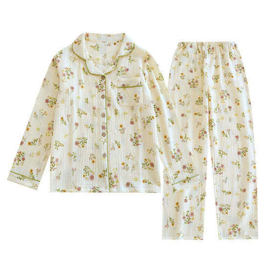 New pastoral style spring and autumn double-layer cotton gauze pajamas women can wear outside long-sleeved trousers pajamas home wear suit