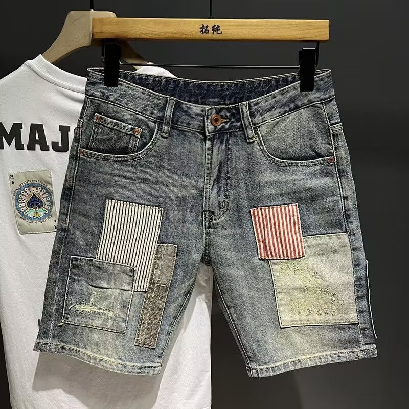 European High-end Trendy Brand Denim Shorts Men's Slim-fit Straight Summer Retro Blue Stretch Patch Fashion Pants