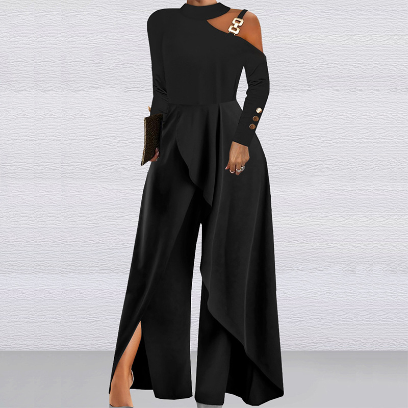 ON01404 en stock transfronterizo 2023 nuevo color sólido manga larga fuera del hombro elegante Fiesta de las mujeres mono de pierna ancha