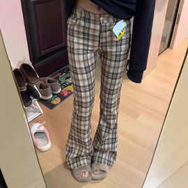 美式复古高腰格子微喇叭裤女春秋新款修身显瘦休闲裤小个子拖地裤