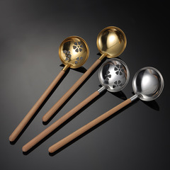 Eern 304 Stainless Steel Cookware Ladle with Japanese Wood Handle, Household Kitchen Small Tool Ramen Soup Spoon, Gold