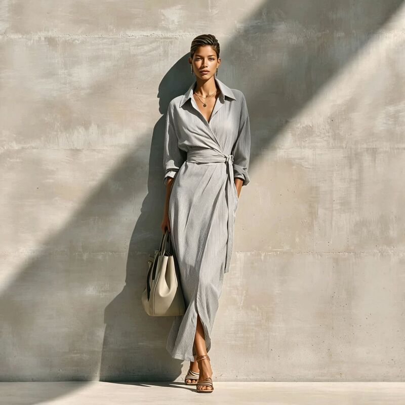 2026 Cross-Border Amazon Independent Site New Autumn/Winter Striped Turn-Down Collar Tie-Waist Wrap Long Women's Shirt Dress 2026 Cross-Border Amazon Independent Site New Autumn/Winter Striped Turn-Down Collar Tie-Waist Wrap Long Women's Shirt Dress